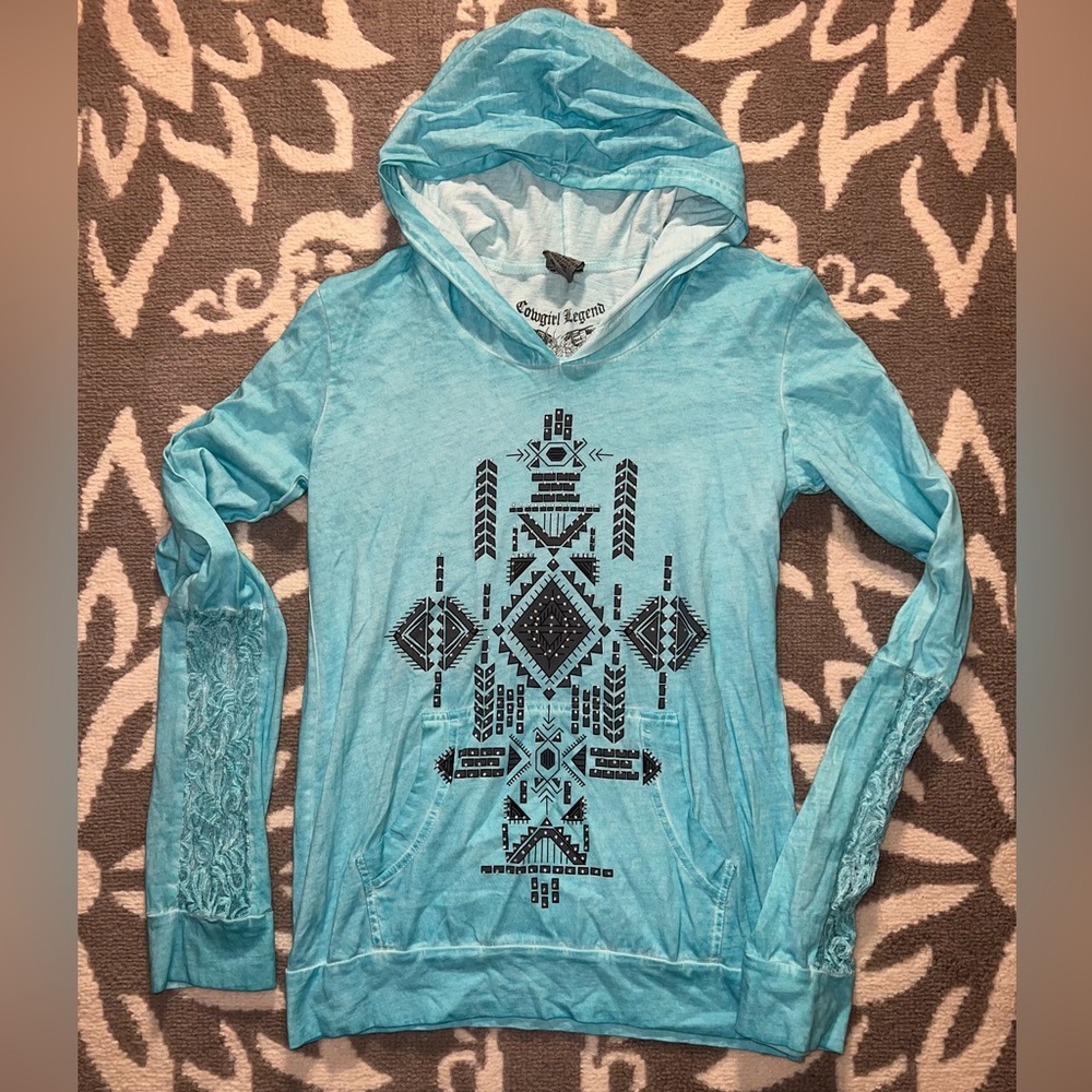 Cowgirl Legend Hoodie Shirt lightweight Turquoise Aztec Print Lace Gem Size M